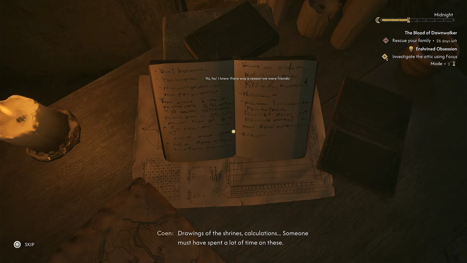 Open handwritten notebook covered in shrine drawings and calculations on the attic desk