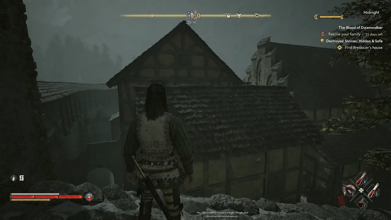 Coen on the Svartrau City rooftops with the quest tracker showing Rescue your family