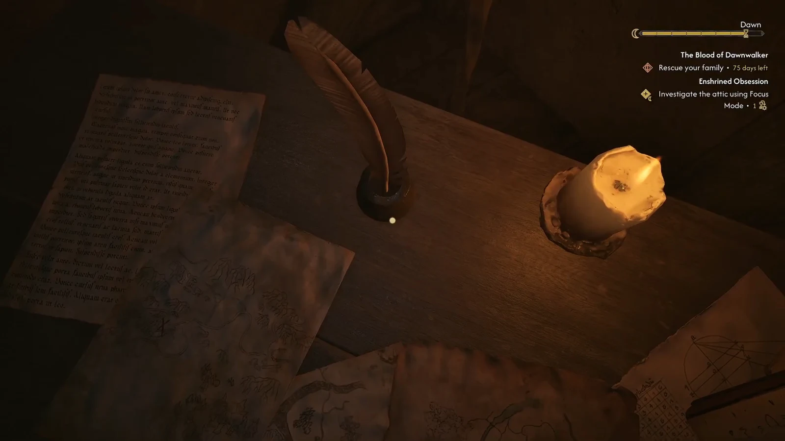 Investigation reticle aimed at a dried quill and inkwell beside a candle and loose papers