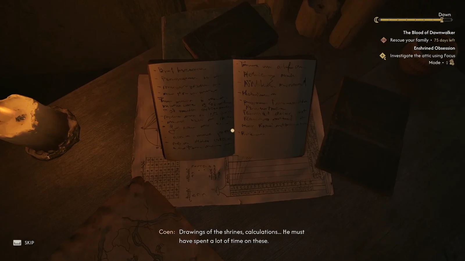 Open journal covered in hand-drawn shrine sketches and calculations during the desk inspection