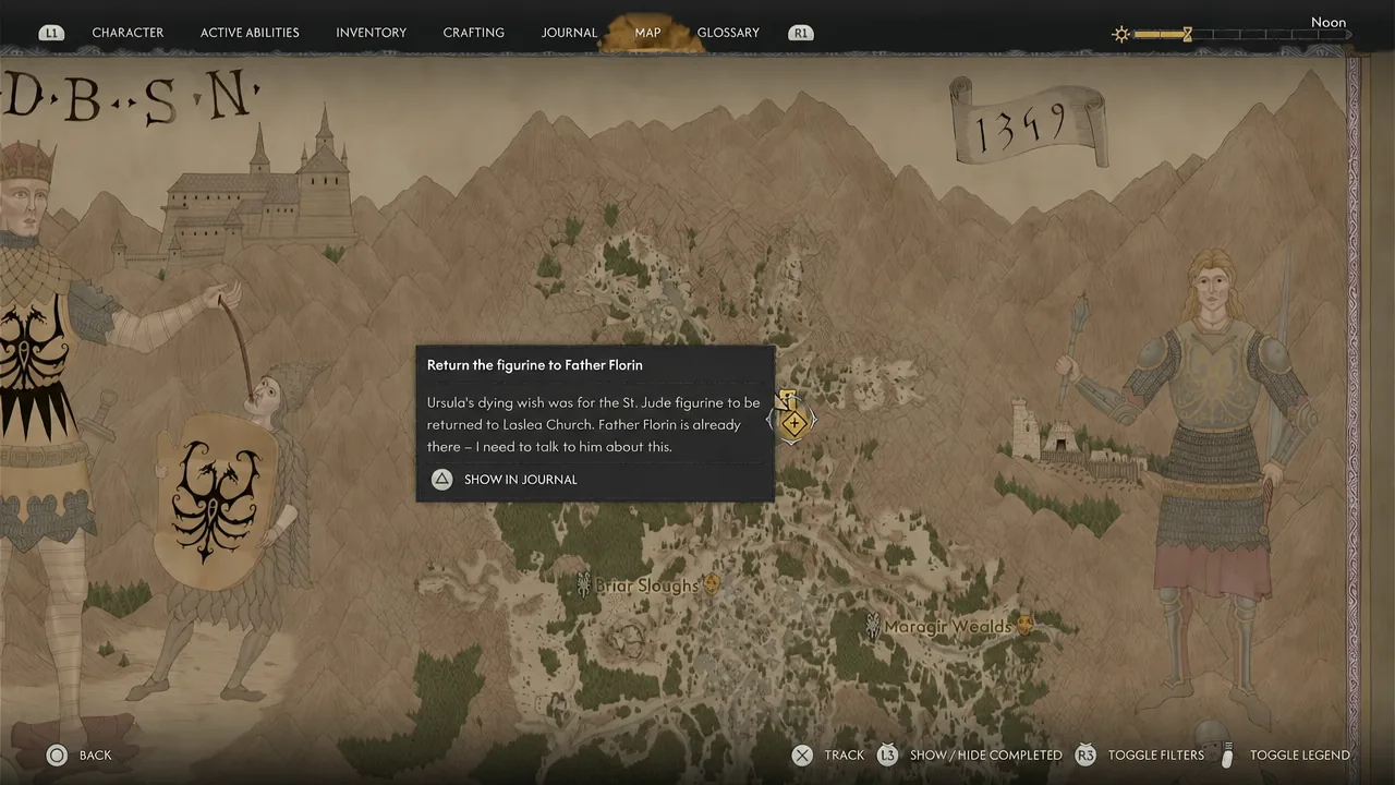 Map screen with the quest panel open for returning the figurine to Father Florin