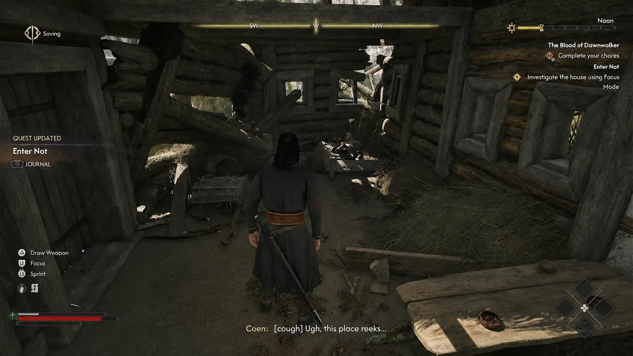 Quest tracker showing Enter Not with the objective to investigate the house using Focus Mode