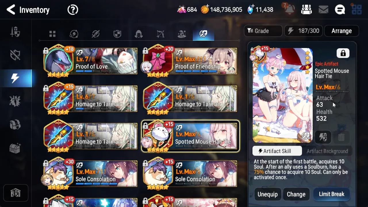 Spotted Mouse Hair Tie selected on the artifact screen showing its details and Limit Break button