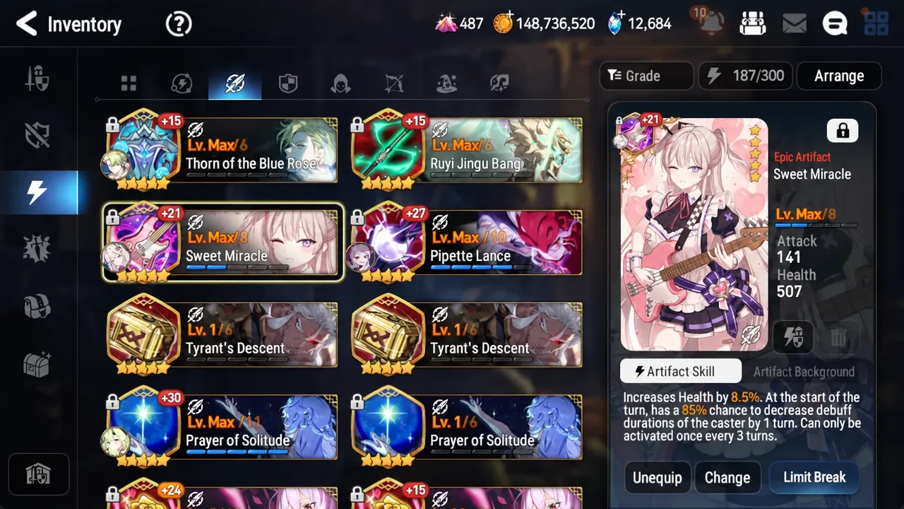 Sweet Miracle selected in the artifact inventory with its skill text and Limit Break option showing