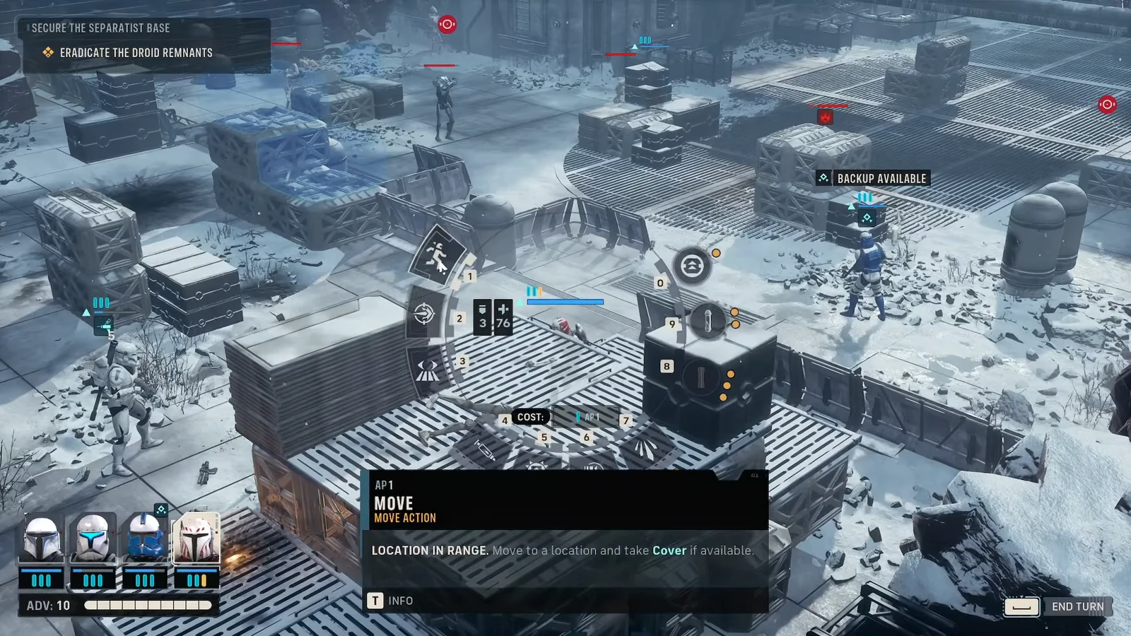 Command wheel with the 1 AP Move action selected, showing a covered position in range