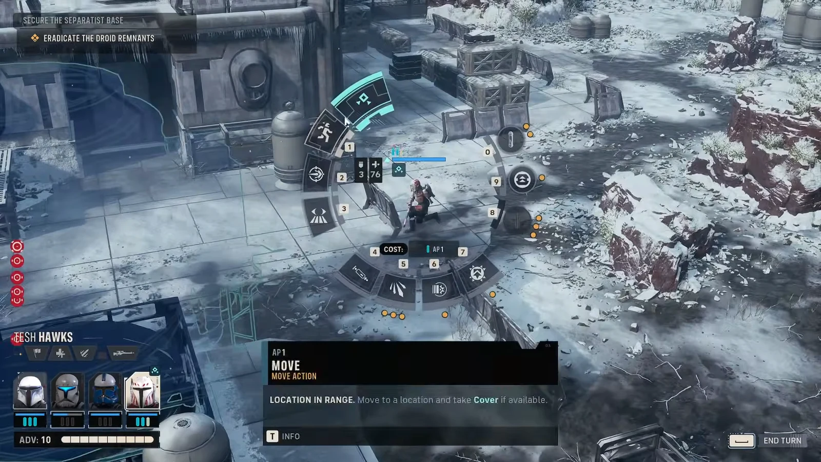 Tactical view showing a highlighted destination tile as an operator repositions toward cover