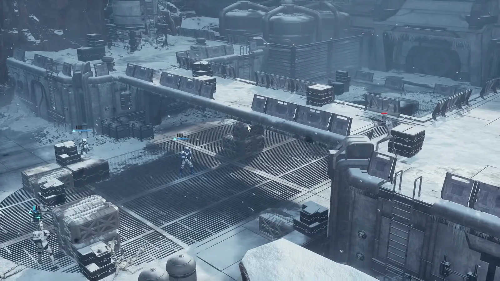 Clone troopers holding cover behind crates with an enemy droid marked in red across the yard