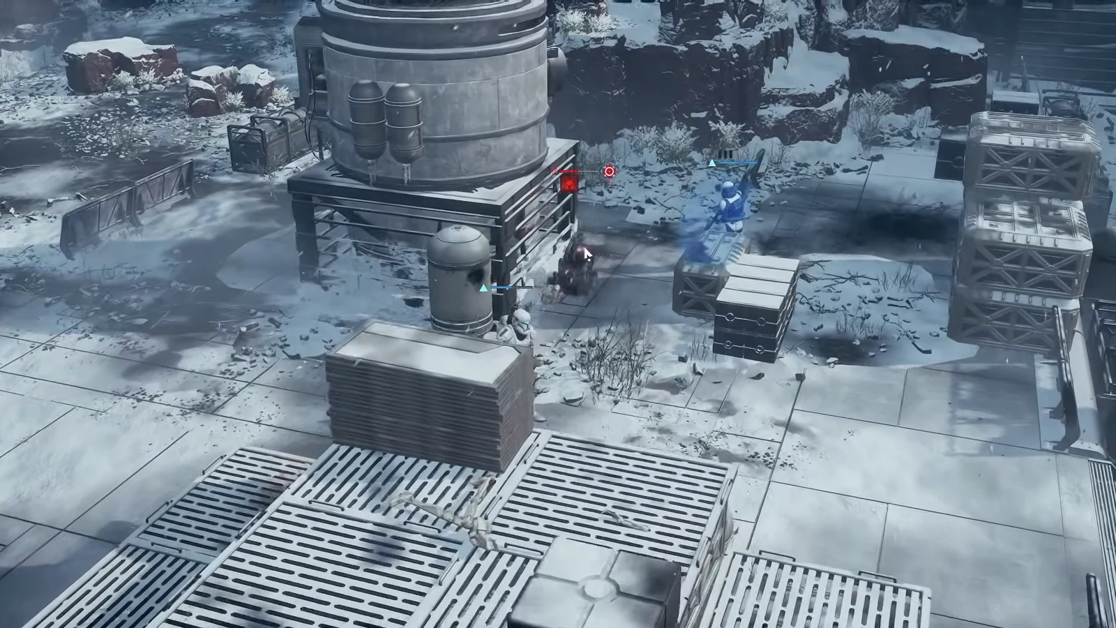Squad trading fire with a marked droid beside industrial tanks on the snowy base exterior