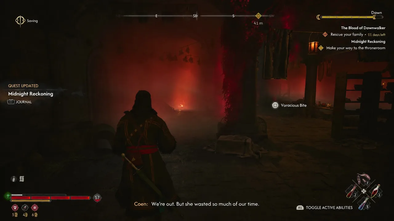 Red-misted castle chamber during the Escape the trap objective in The Blood of Dawnwalker