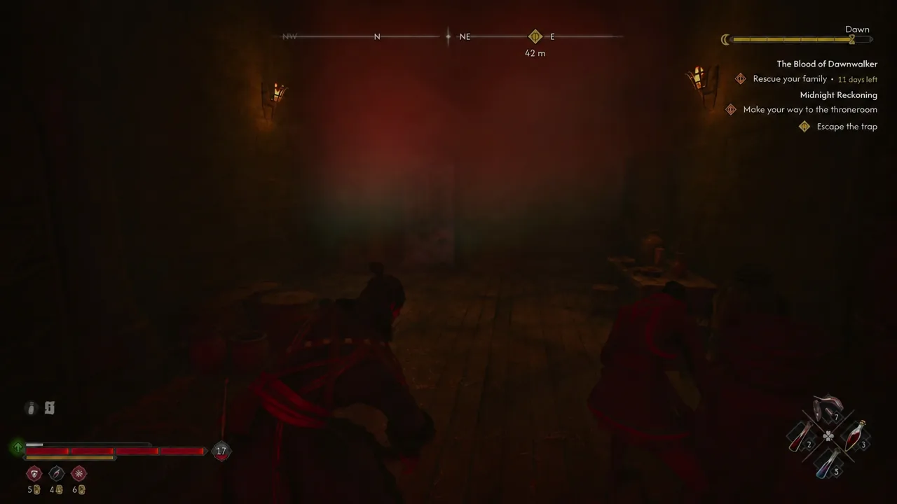 Coen moving through a dark chamber with the Escape the trap objective active on the HUD