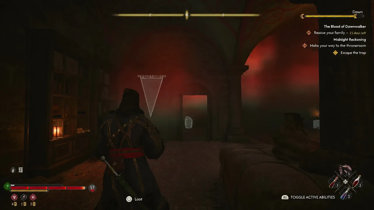 Interact prompt appearing as Coen approaches the highlighted bookcase in the side room