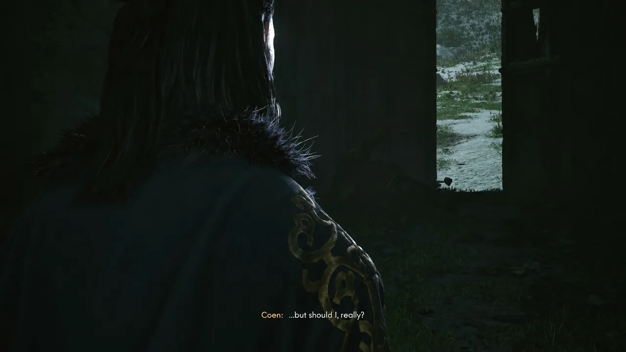 Cutscene of Coen with the subtitle reading but should I, really, before the leave or stay choice