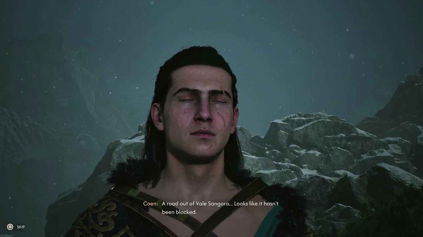 Coen in a cutscene at the gate, remarking that the road out of Vale Sangora is not blocked