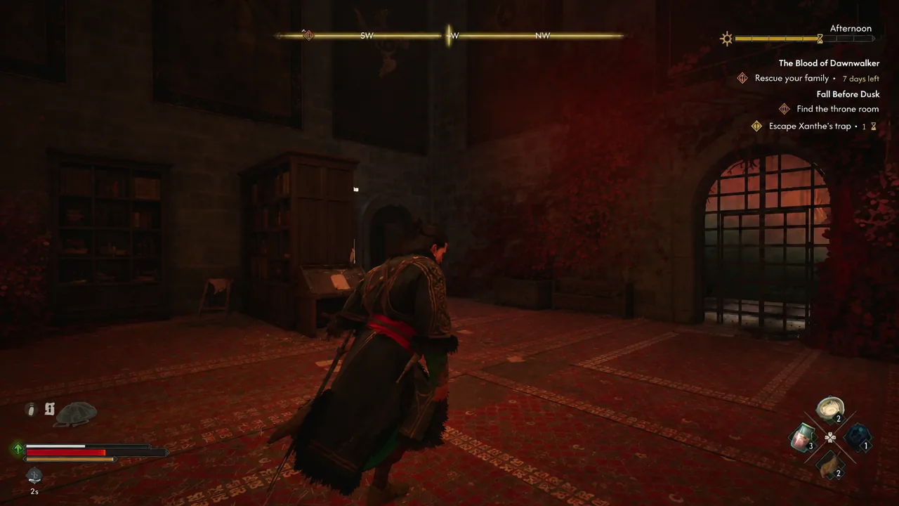 The quest objective Escape Xanthe's trap highlighted on screen as Coen crosses the red-carpeted room