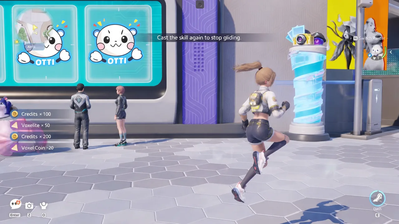 Gliding across the map with the Dash skill highlighted on the hotbar