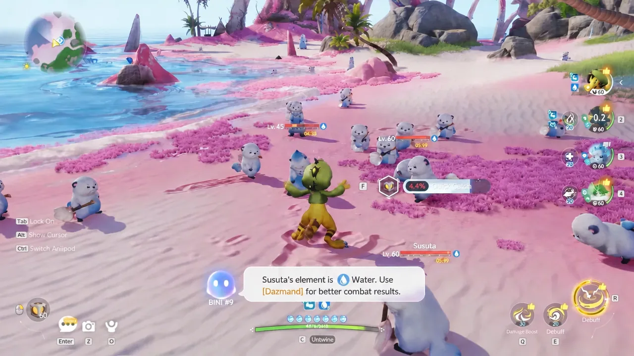 Combat screen showing the F Quick Catch prompt during a fight with Susuta