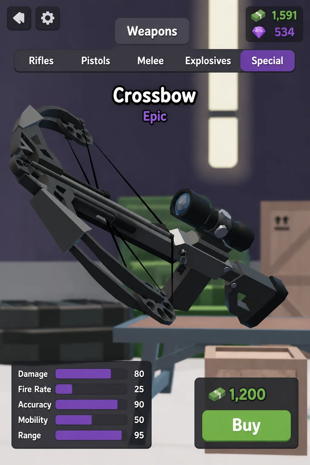 Rivals weapons menu on the Special tab with the Crossbow selected and its buy button showing