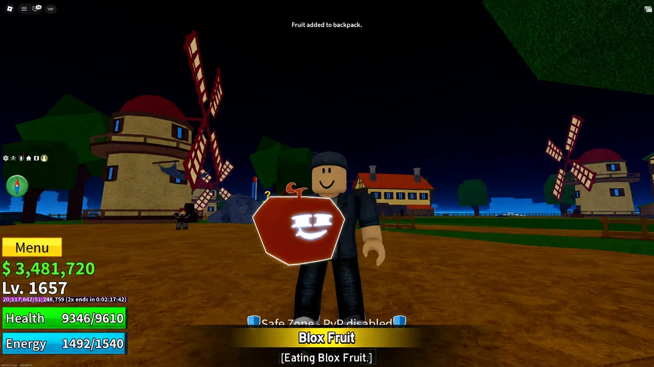 Character eating a Blox Fruit with the Fruit added to backpack message on screen