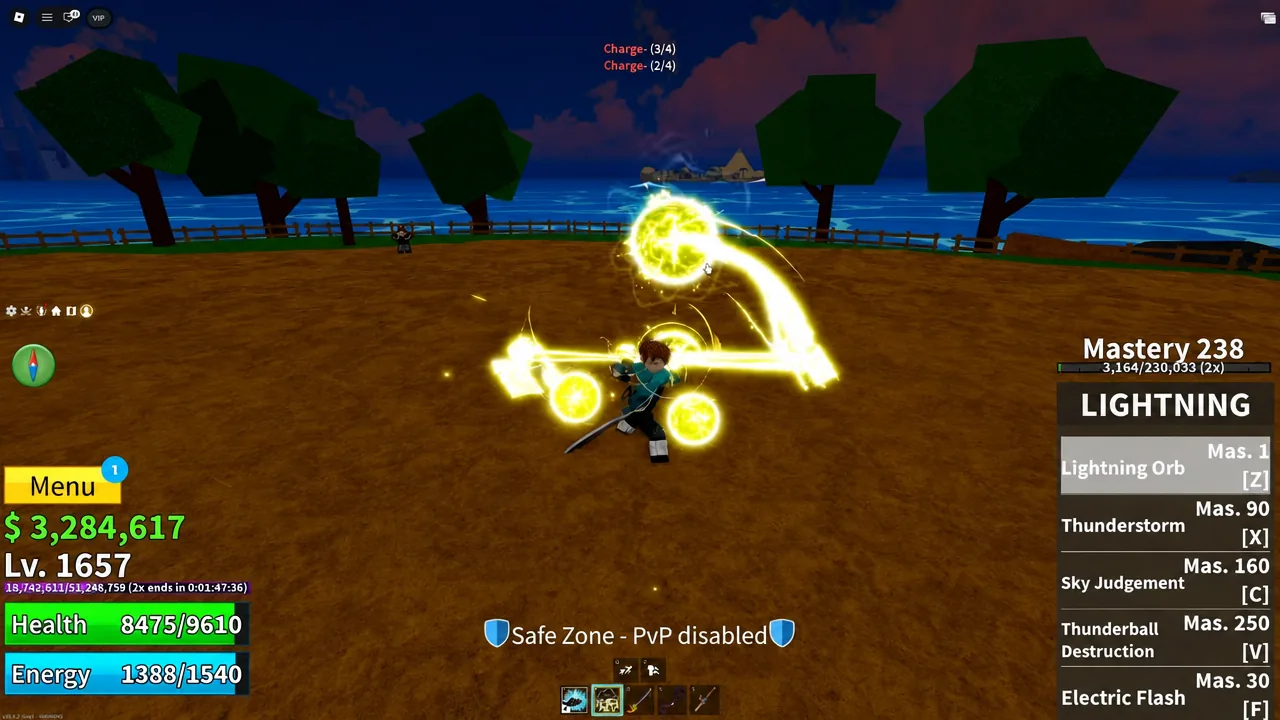 Lightning ability bar with Lightning Orb selected as the character fires a yellow lightning attack