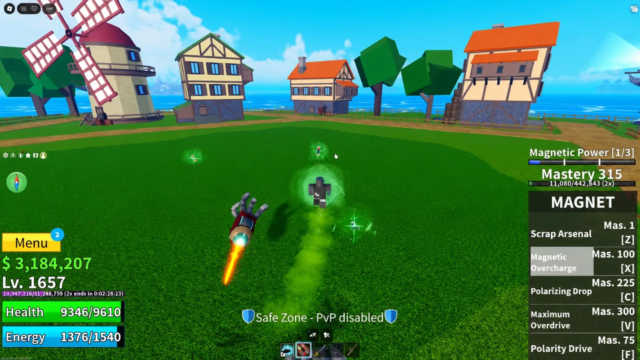 Magnet ability panel open in the Safe Zone as the player triggers a glowing magnetic attack
