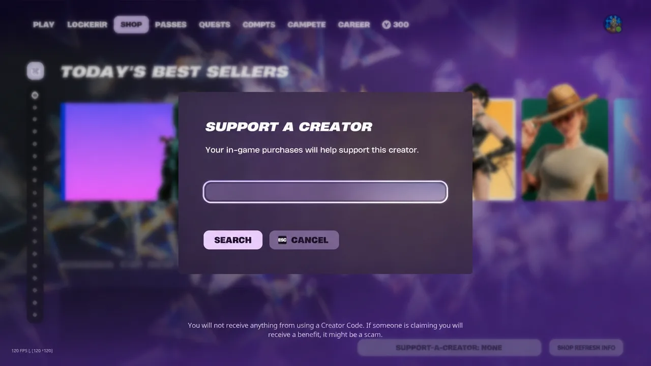 Support a Creator dialog with the creator code field highlighted before selecting Search