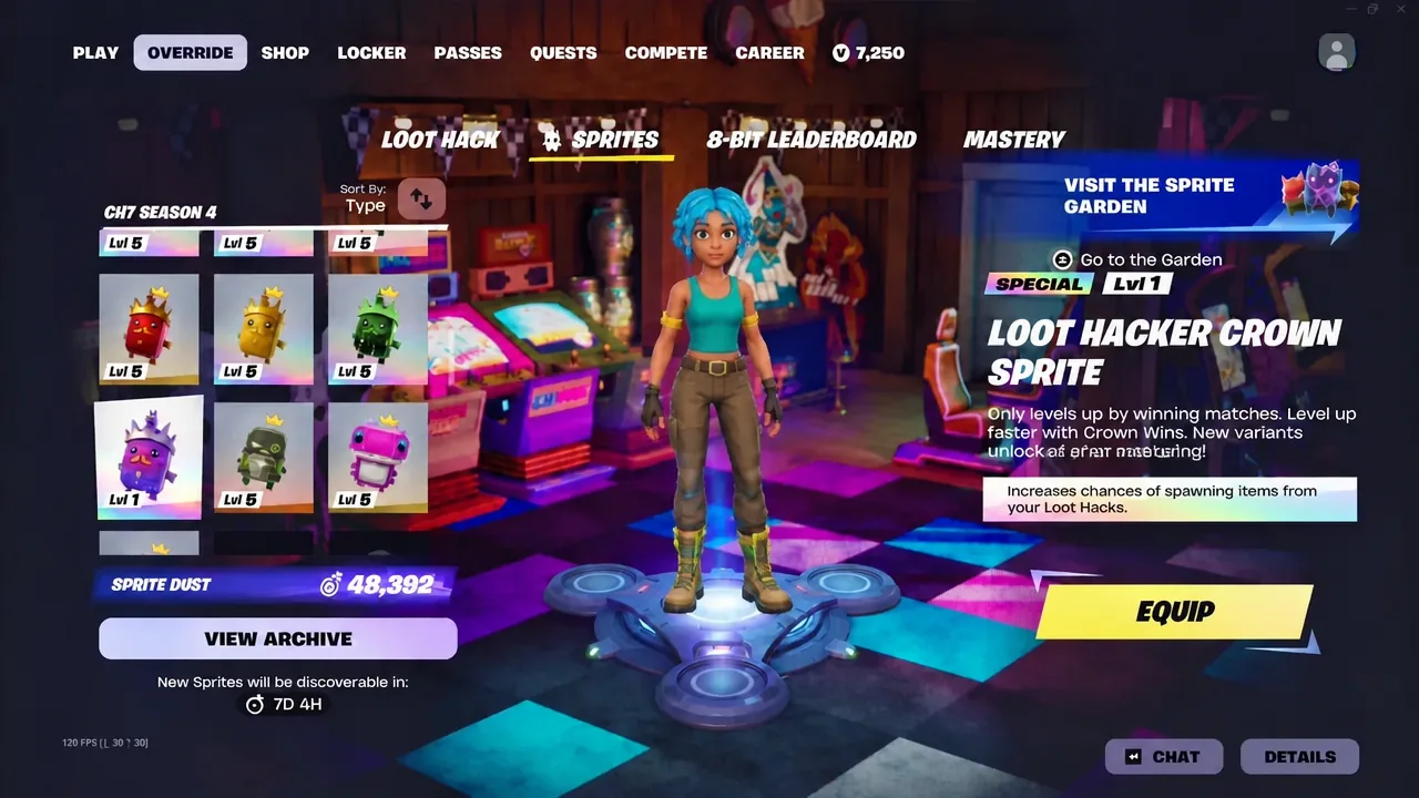 Loot Hacker Crown Sprite selected on the Sprites screen and ready to equip