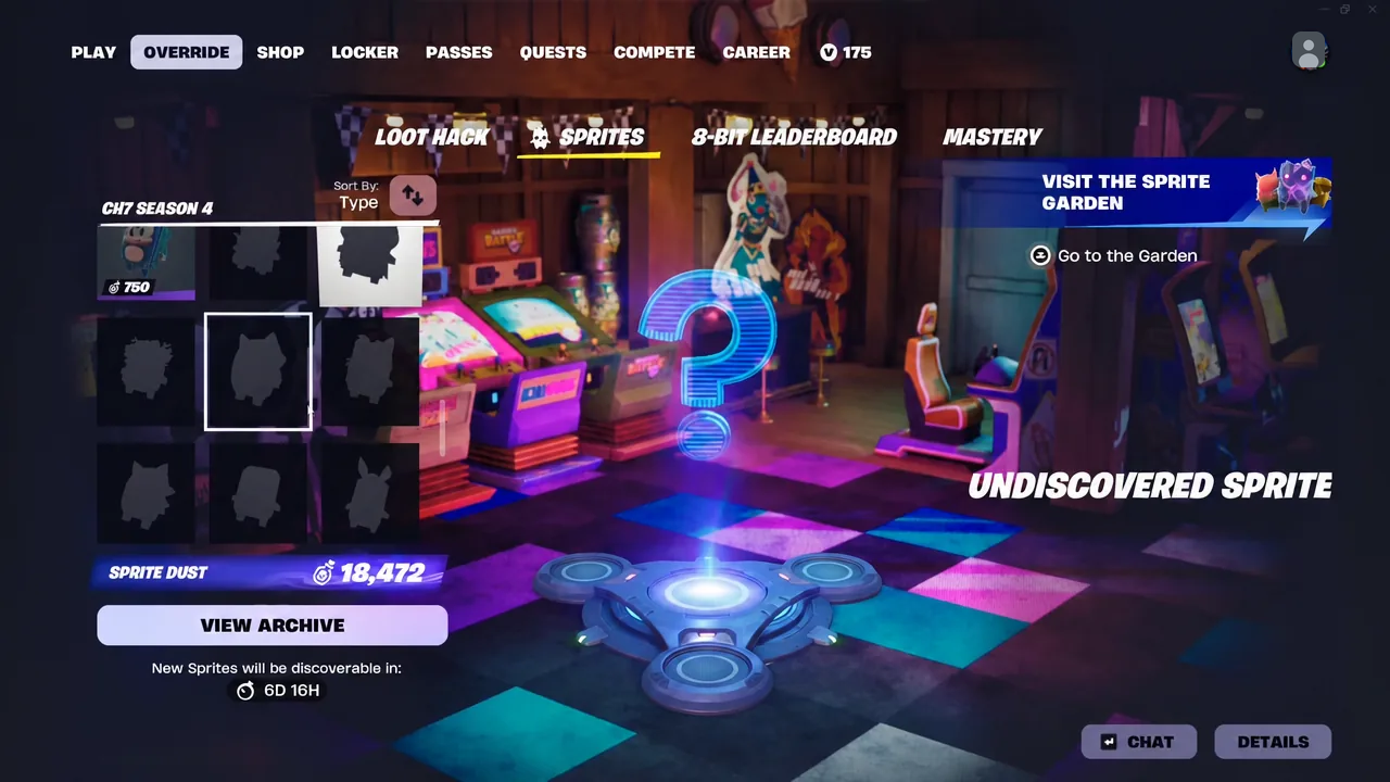 Override menu Sprites tab with an undiscovered sprite tile selected and its discovery prompt open