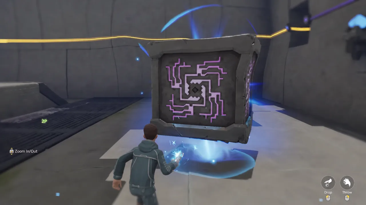 A glowing circuit panel highlighted during a co-op Sanctum puzzle as the player interacts with it