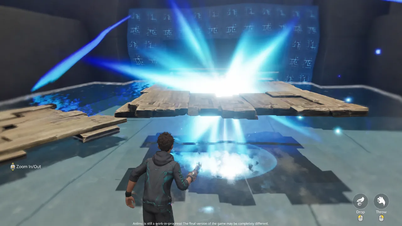 Holding a glowing blue platform with Grab, with the zoom and drop or throw controls shown on screen