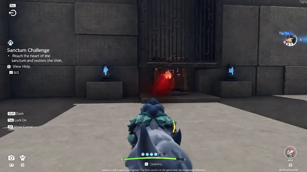 Aiming at a shrine inside a Sanctum Challenge with the C Untwine prompt on screen