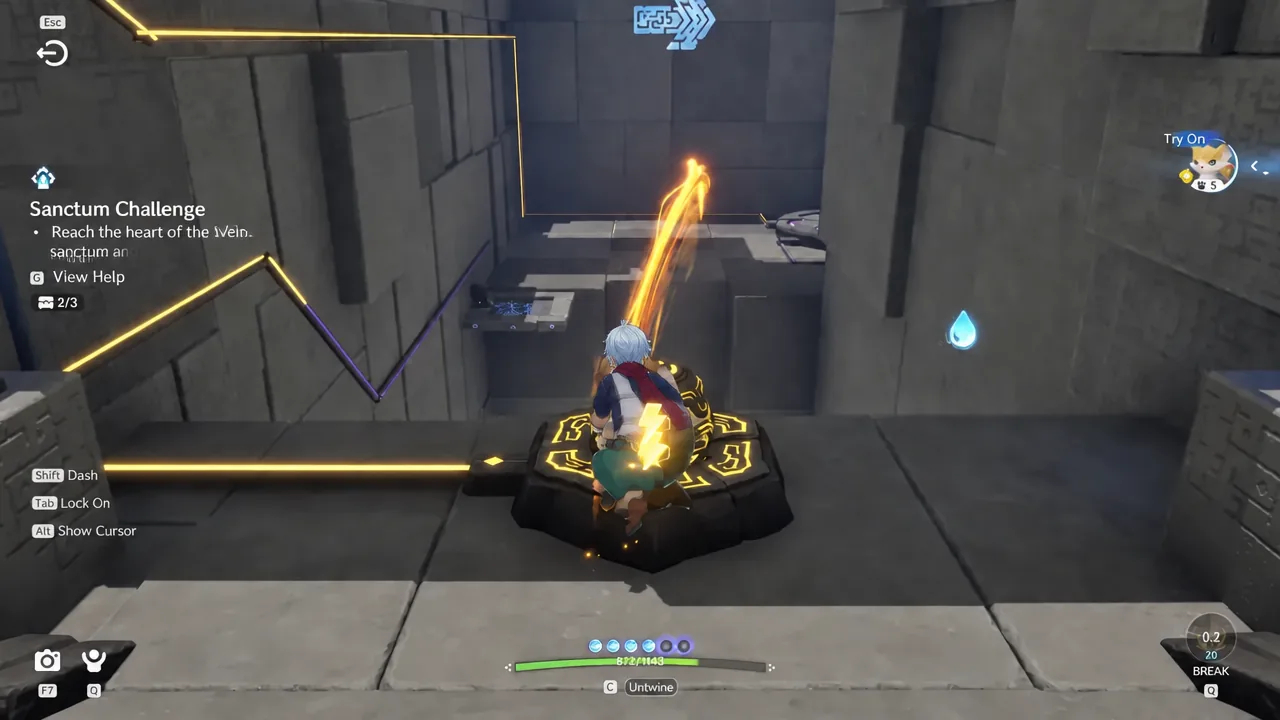 Standing on a lit platform inside a Sanctum with the highlighted route ahead and the Untwine prompt visible