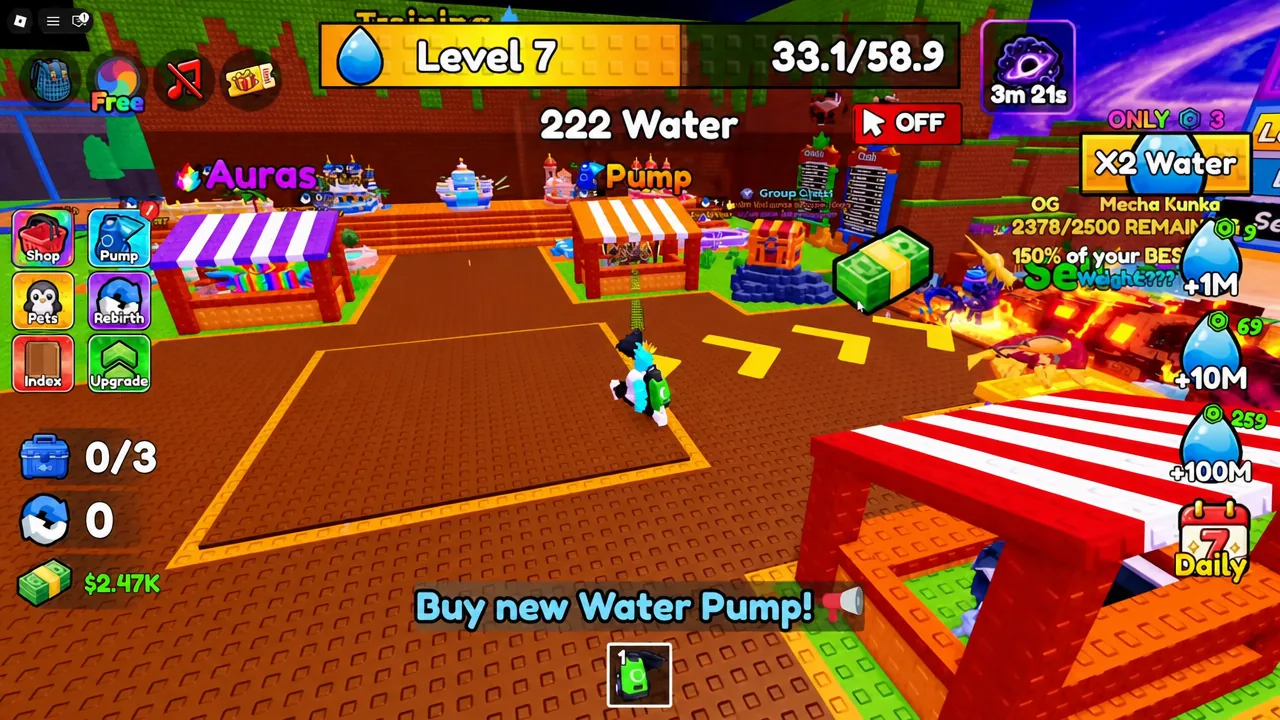 Pump menu showing a prompt to buy a new water pump