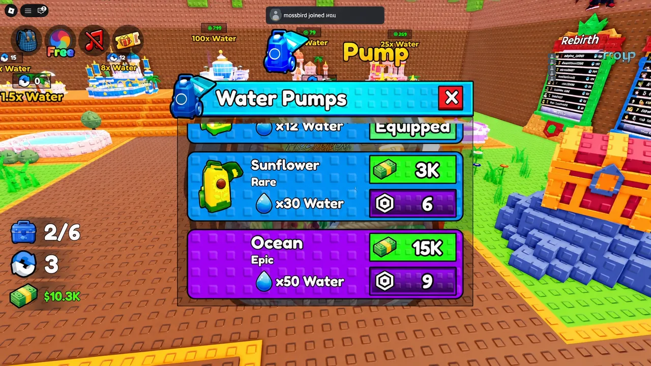 Water Pumps shop with the Ocean pump priced at 15K and a green buy button