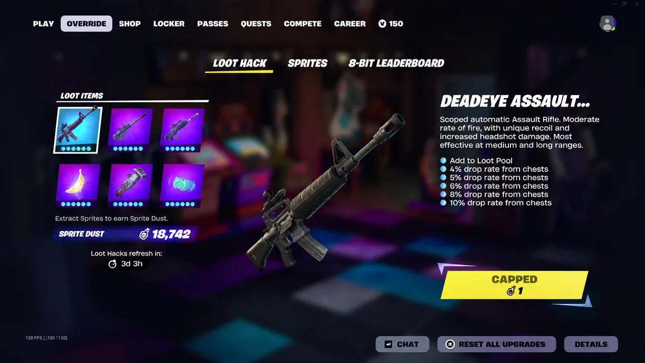 Override screen with the Loot Hack tab open on the Deadeye Assault rifle at its upgrade cap