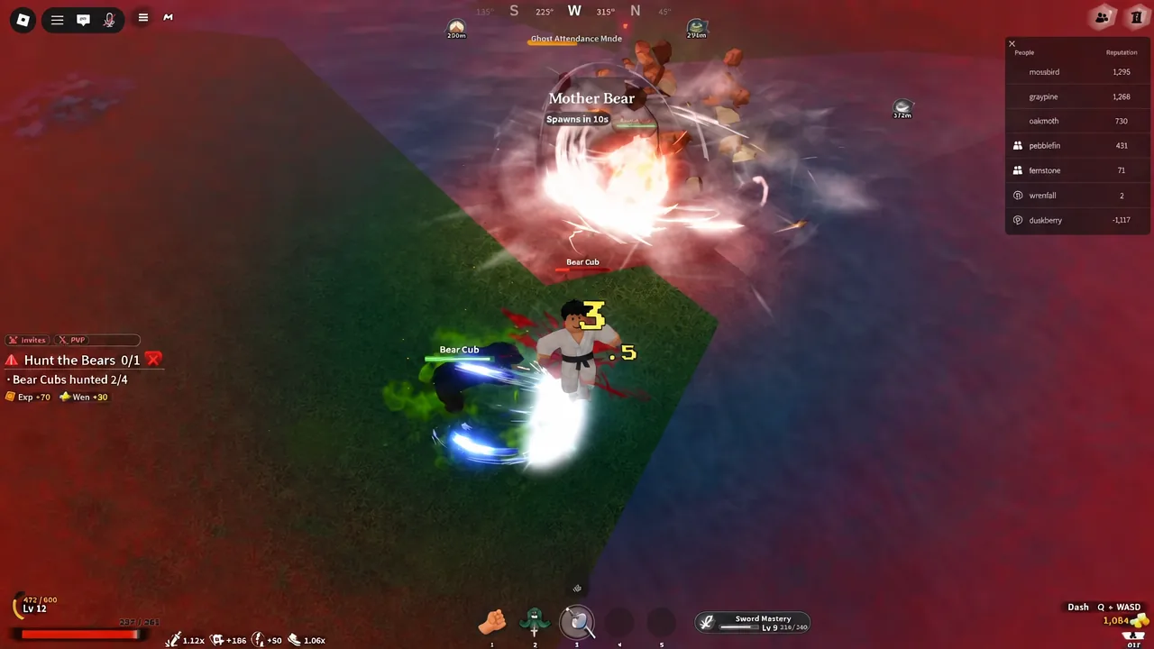 Hunt the Bears quest tracker at 0/1 while the player attacks a Bear Cub in Slayers 2