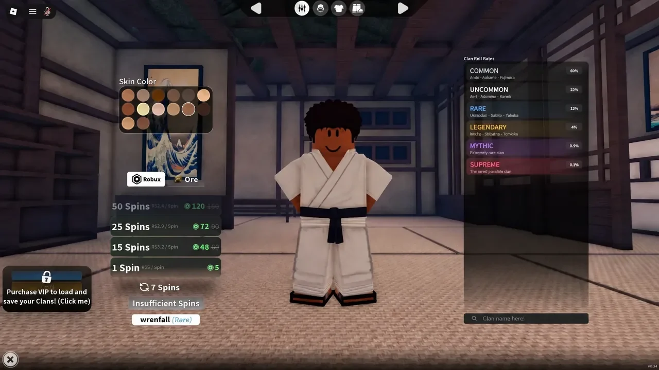 Slayers 2 character customization and clan roll menus showing spin purchase options