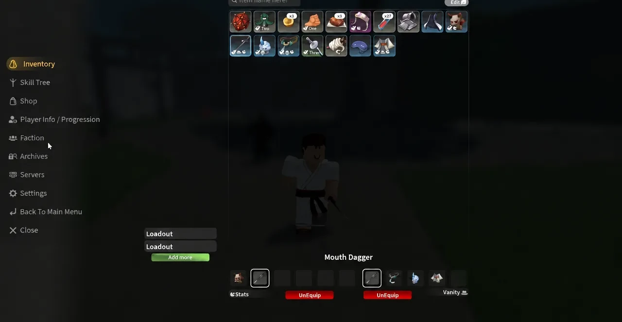 Slayers 2 inventory screen with the Mouth Dagger selected and an UnEquip button visible