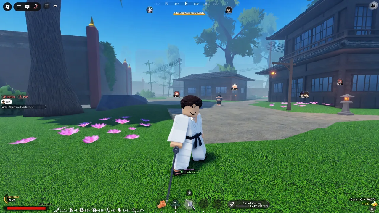 Slayers 2 gameplay HUD with Ghost Attendance Mode active while standing in a safe zone