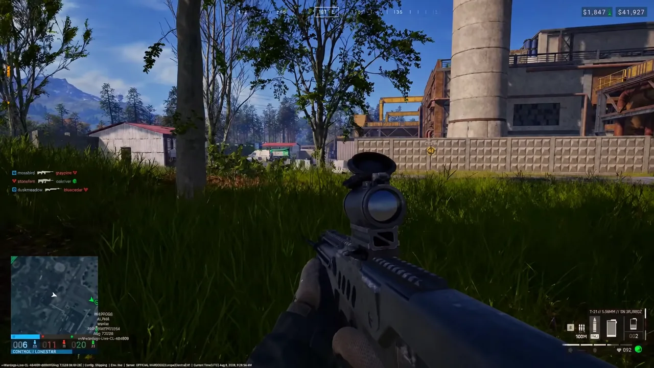 Player aiming a scoped rifle toward an industrial compound during a WARDOGS firefight