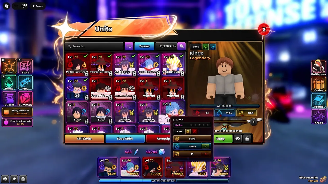 Units menu with a unit card selected and its stat details popup open