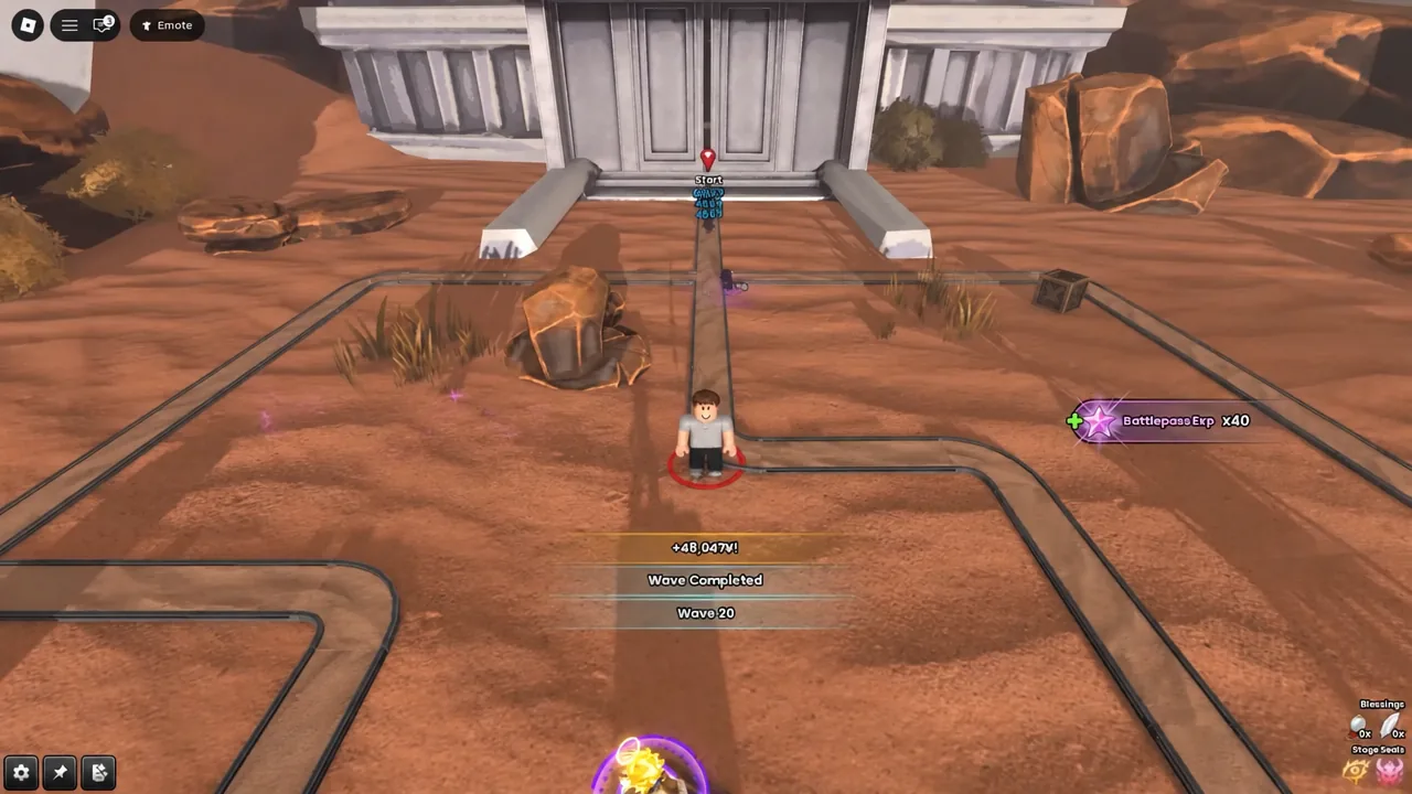 Wave Completed banner appearing on wave 20 with battle pass EXP awarded