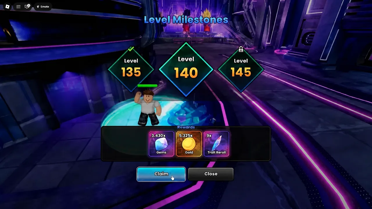 Level Milestones panel with the Claim button highlighted at level 140