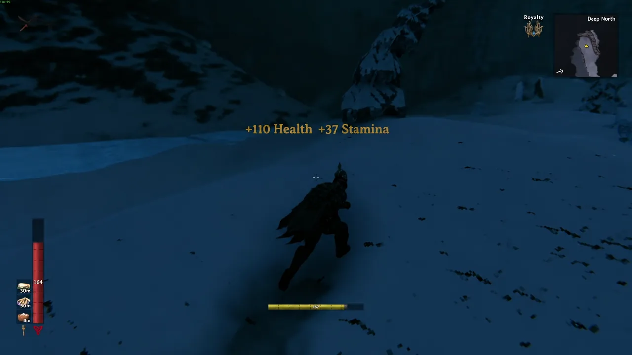 Character running across snow with a plus 110 health and plus 37 stamina buff shown on screen