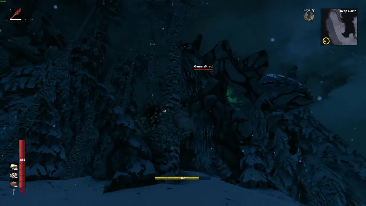 Player attacking a targeted Gammeltroll in the snowy Deep North biome