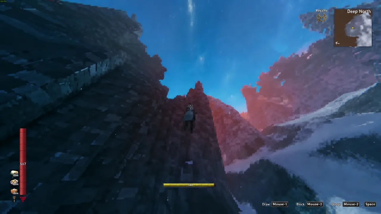Stamina bar draining as the player climbs a sheer cliff face