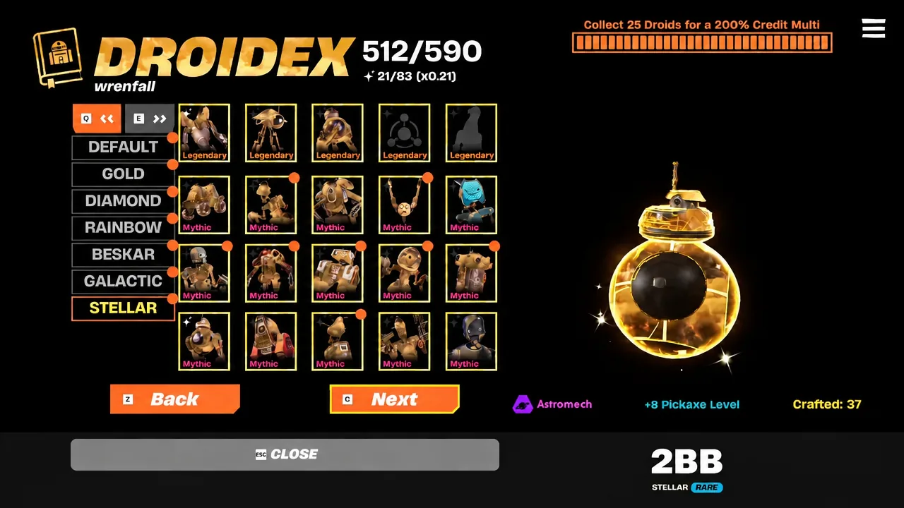 Droidex collection screen with the Stellar tier filter active and 2BB selected