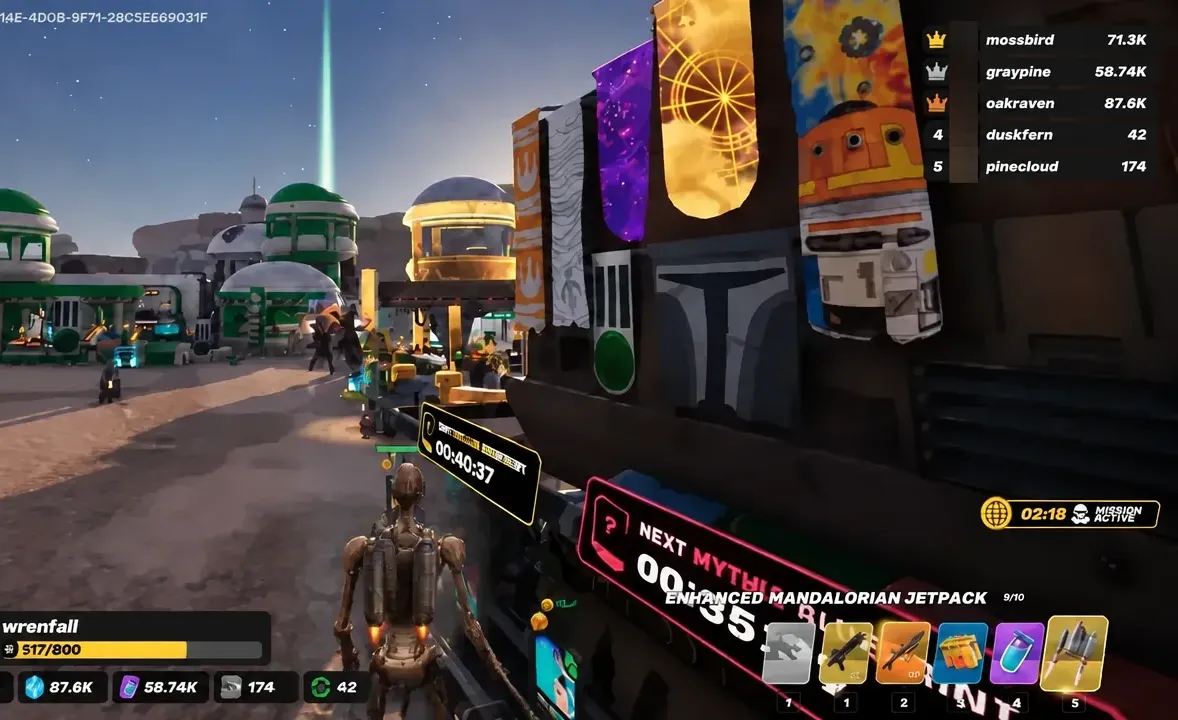 Droid Tycoon HUD with the Enhanced Mandalorian Jetpack highlighted while moving through the base