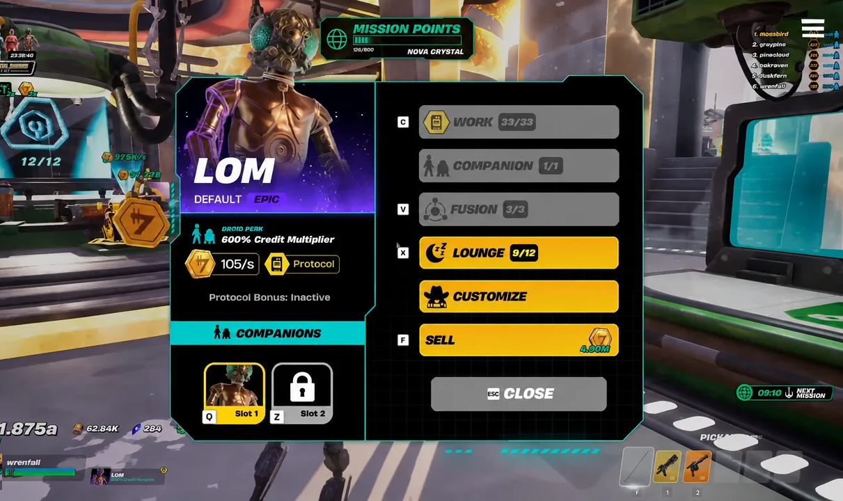 Companions menu in Droid Tycoon with the LOM droid selected and the Lounge option shown