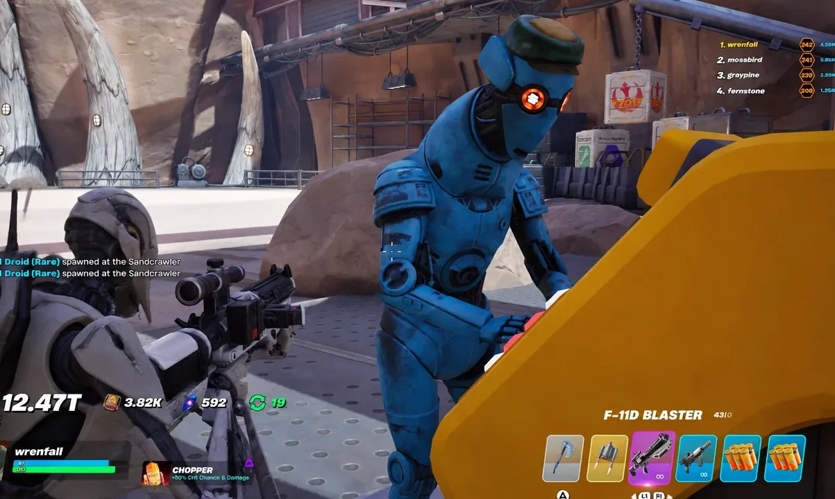 Blue droid enemy in the crosshairs with the F-11D Blaster slot active
