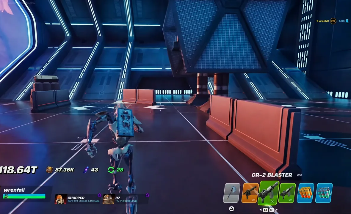 Player moves through the Droid Tycoon arena with the CR-2 Blaster equipped in the weapon bar